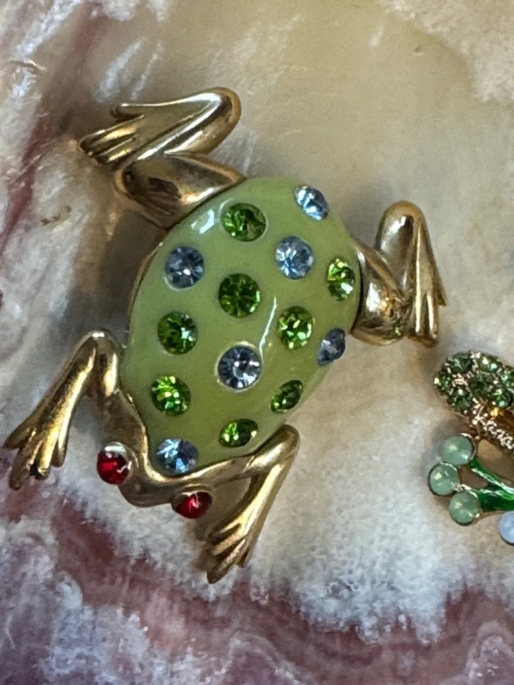 Green Crystal Frog Brooches - Set of 2